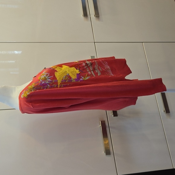 Soft Surroundings Embroidered Bird Charm Button Up Cardigan Pink Red Size Small - Picture 3 of 10